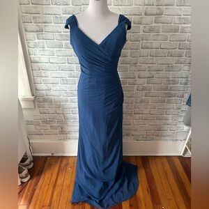Christina Wu off the shoulder drape sapphire blue bridesmaid dress size 8